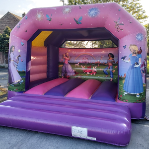 Inflatable bounce house featuring princess characters and colorful designs on the walls.